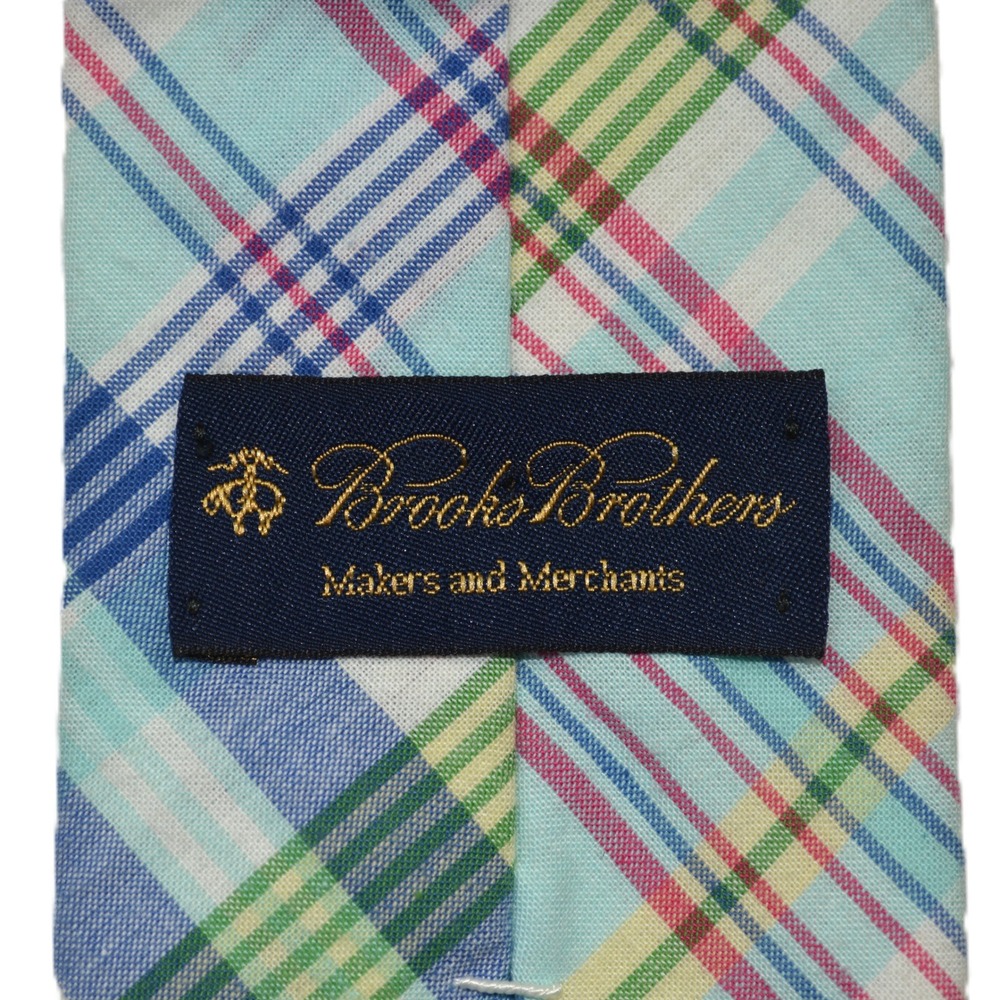 Brooks Brothers Mens Plaid Necktie Blue Green Pink Pastel Cotton Summer Tie 3in